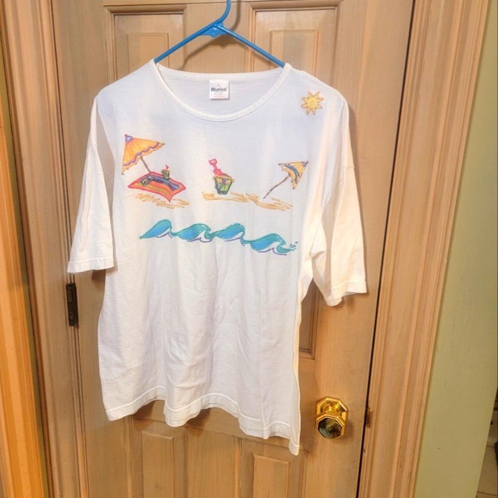 Misses Sz XL Murina White Summer Tshirt Beach Painted Scene Glitter Y2K